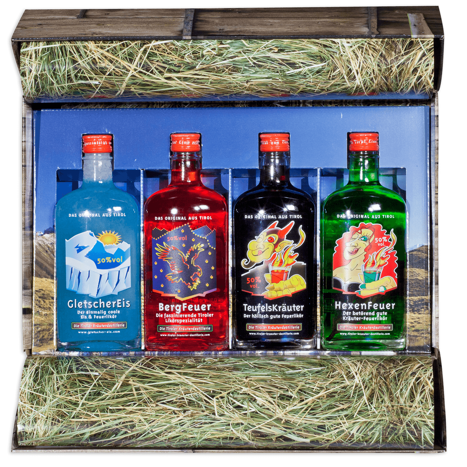 High-quality gift box with fire liqueurs from the Tiroler Kräuterdestillerie 