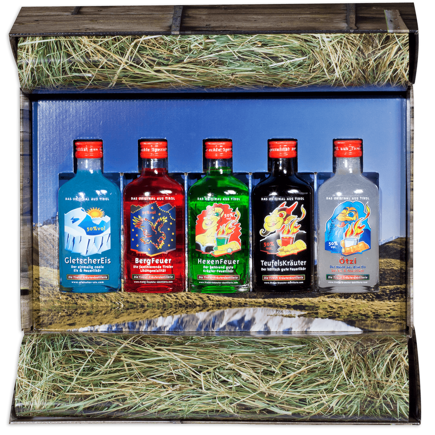 High-quality gift box with fire liqueurs from the Tiroler Kräuterdestillerie 