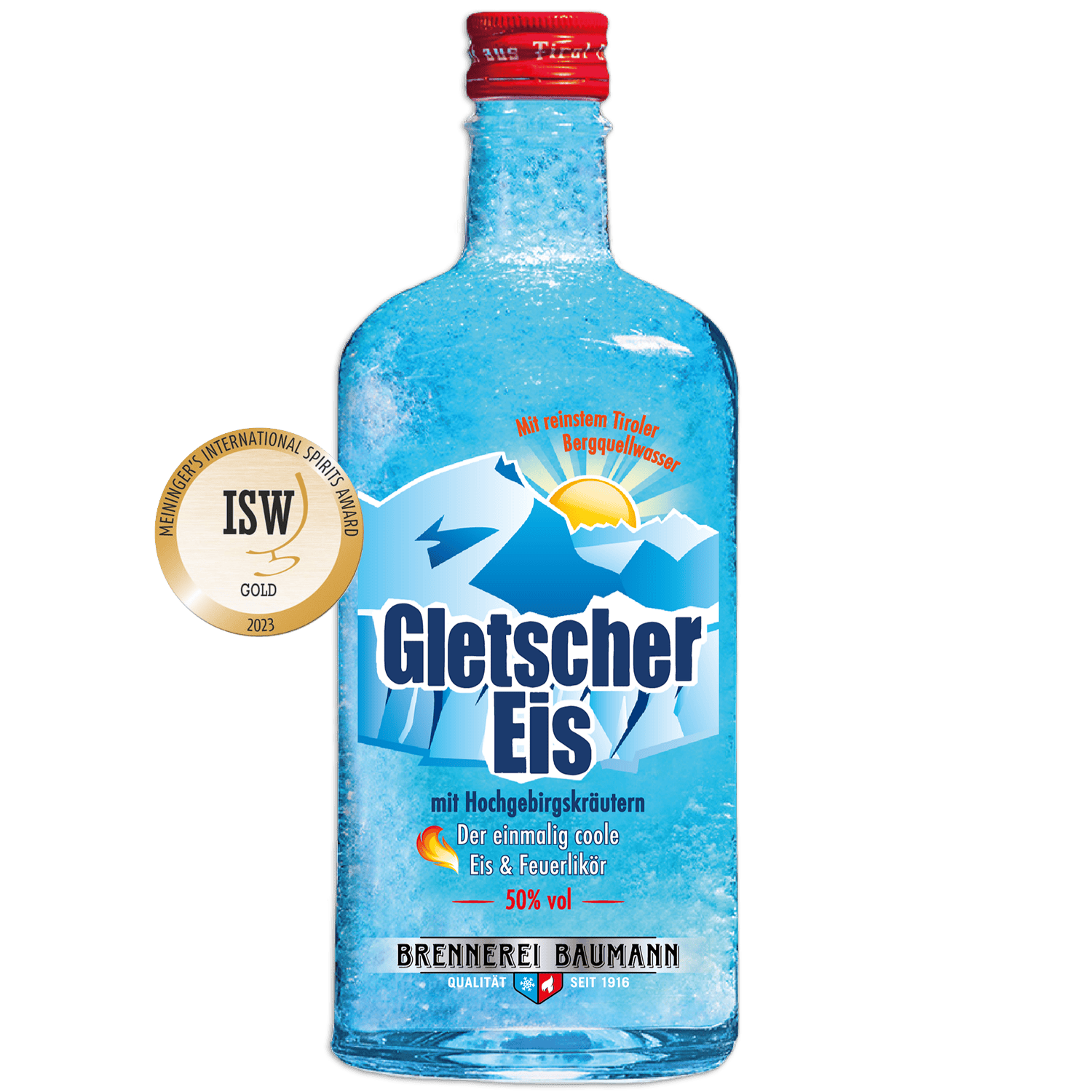 Gold prämierter Gletschereis Feuerlikör der Tiroler Brennerei Baumann in der 700 ml Flasche