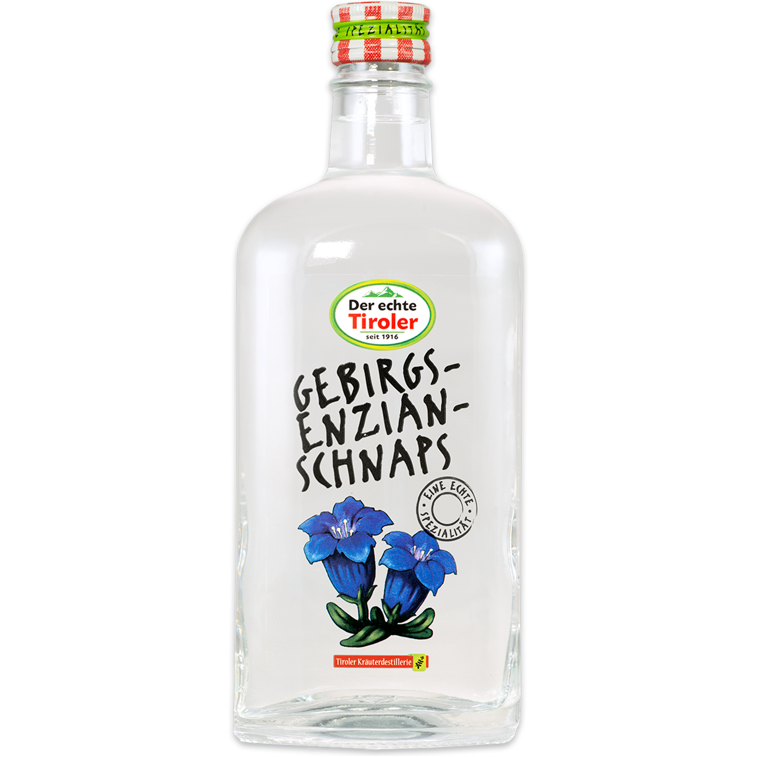 Enzian Schnaps der Tiroler Kräuterdestillerie in nobler Flasche