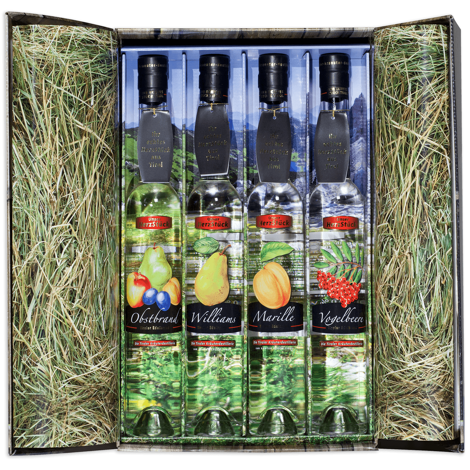 High-quality gift box with fine brandies from the Tiroler Kräuterdestillerie 