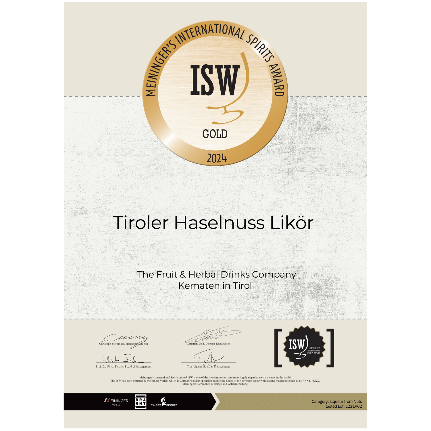 Certificate of award-winning Hazel Nut Liqueur from the Tiroler Kräuterdestillerie