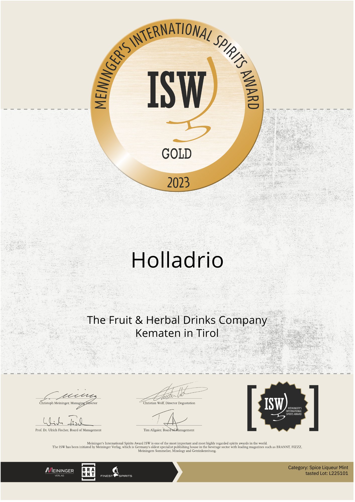 Certificate of award-winning Holladrio Fire Liqueur of the Baumann Distillery