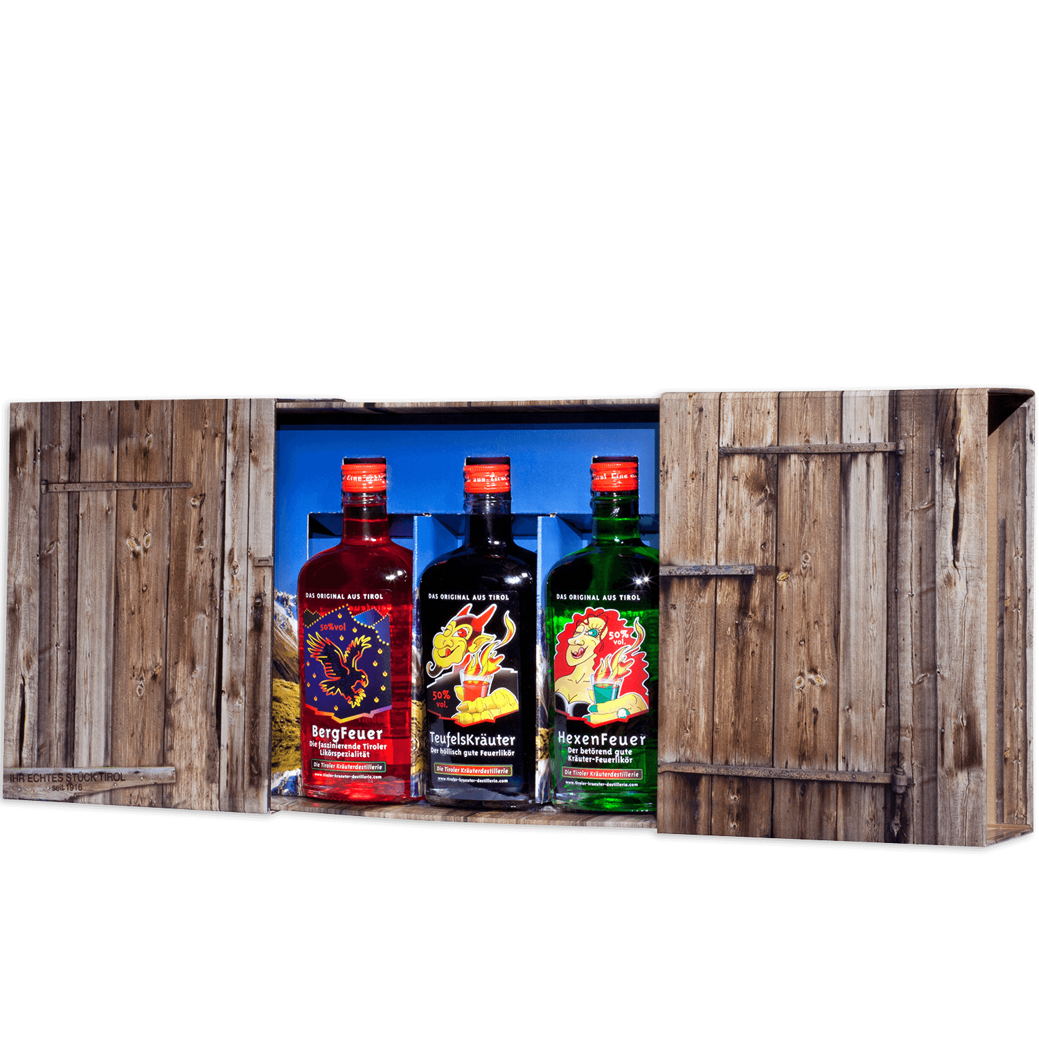 High-quality gift box with fire liqueurs from the Tiroler Kräuterdestillerie 