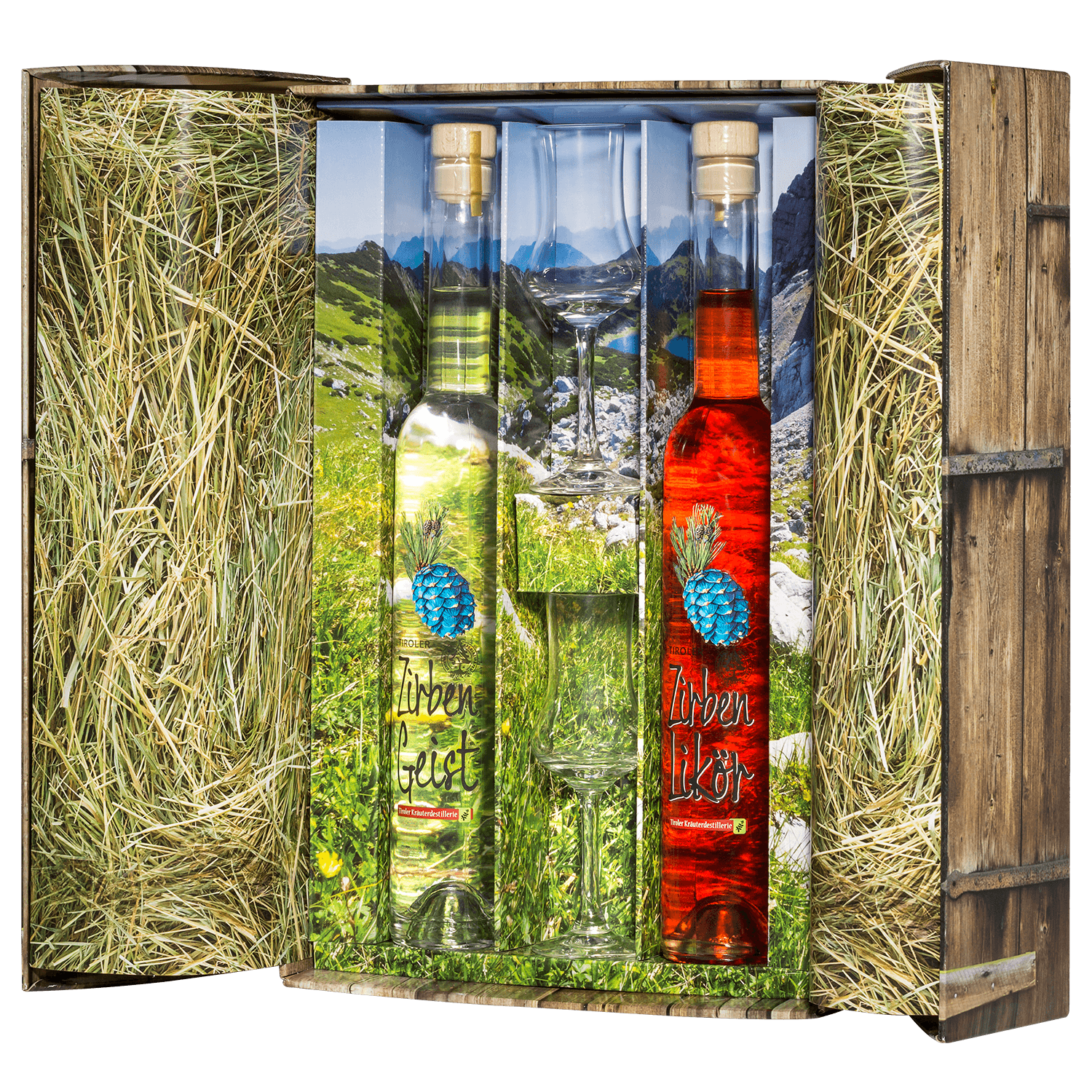 High-quality gift box with Swiss Stone Pine Spirits from the Tiroler Kräuterdestillerie