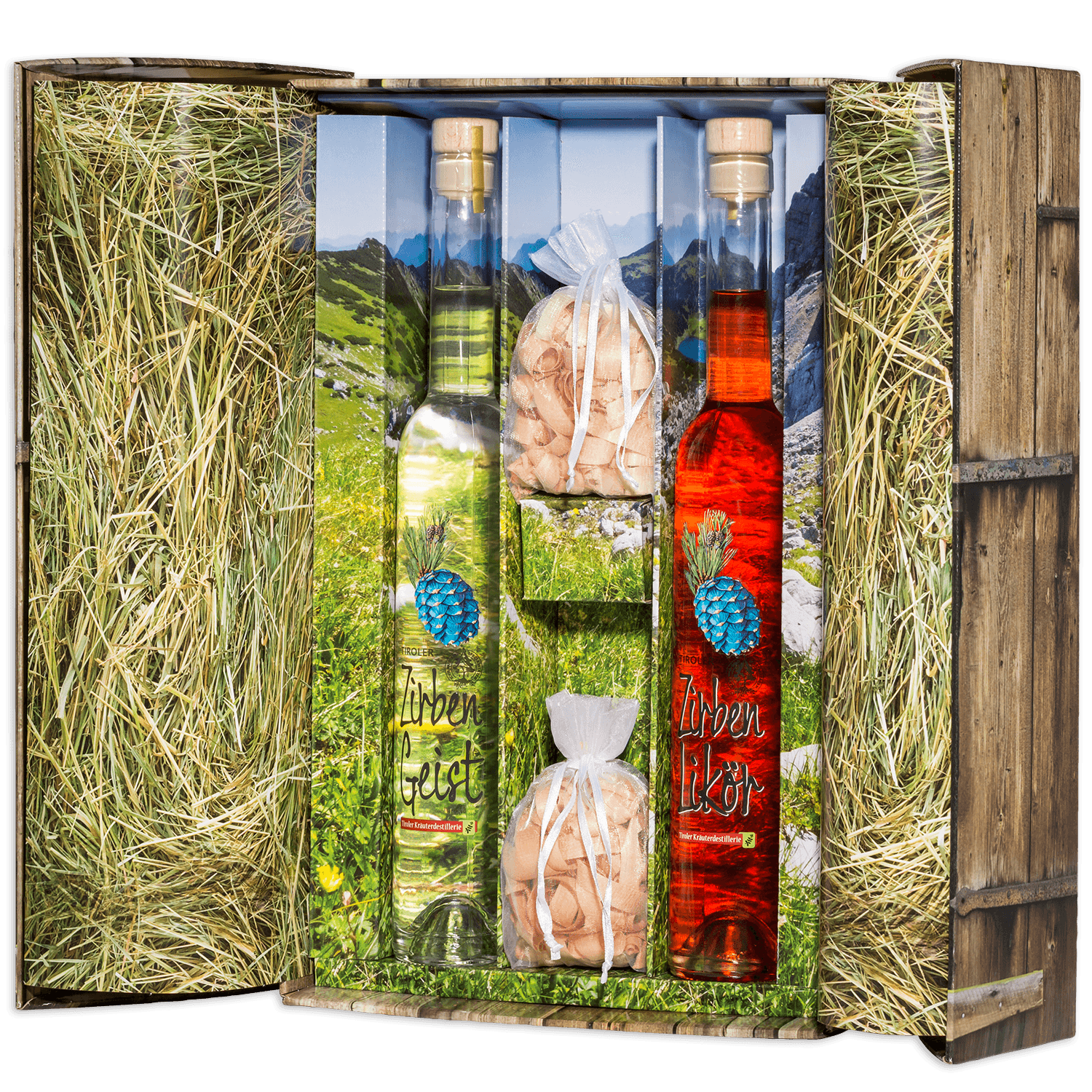 High-quality gift box with Swiss Stone Pine Spirits from the Tiroler Kräuterdestillerie