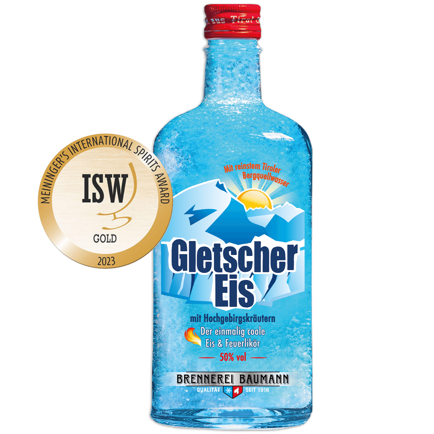 Gold award-winning Gletschereis fire liqueur from the Tyrolean distillery Baumann in a noble bottle