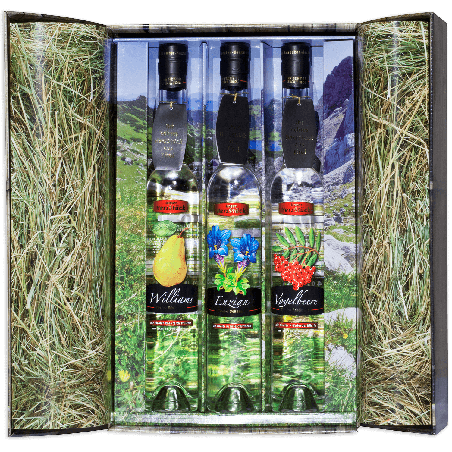 Hochwertige Geschenkbox mit Edelbränden der Tiroler Kräuterdestillerie 