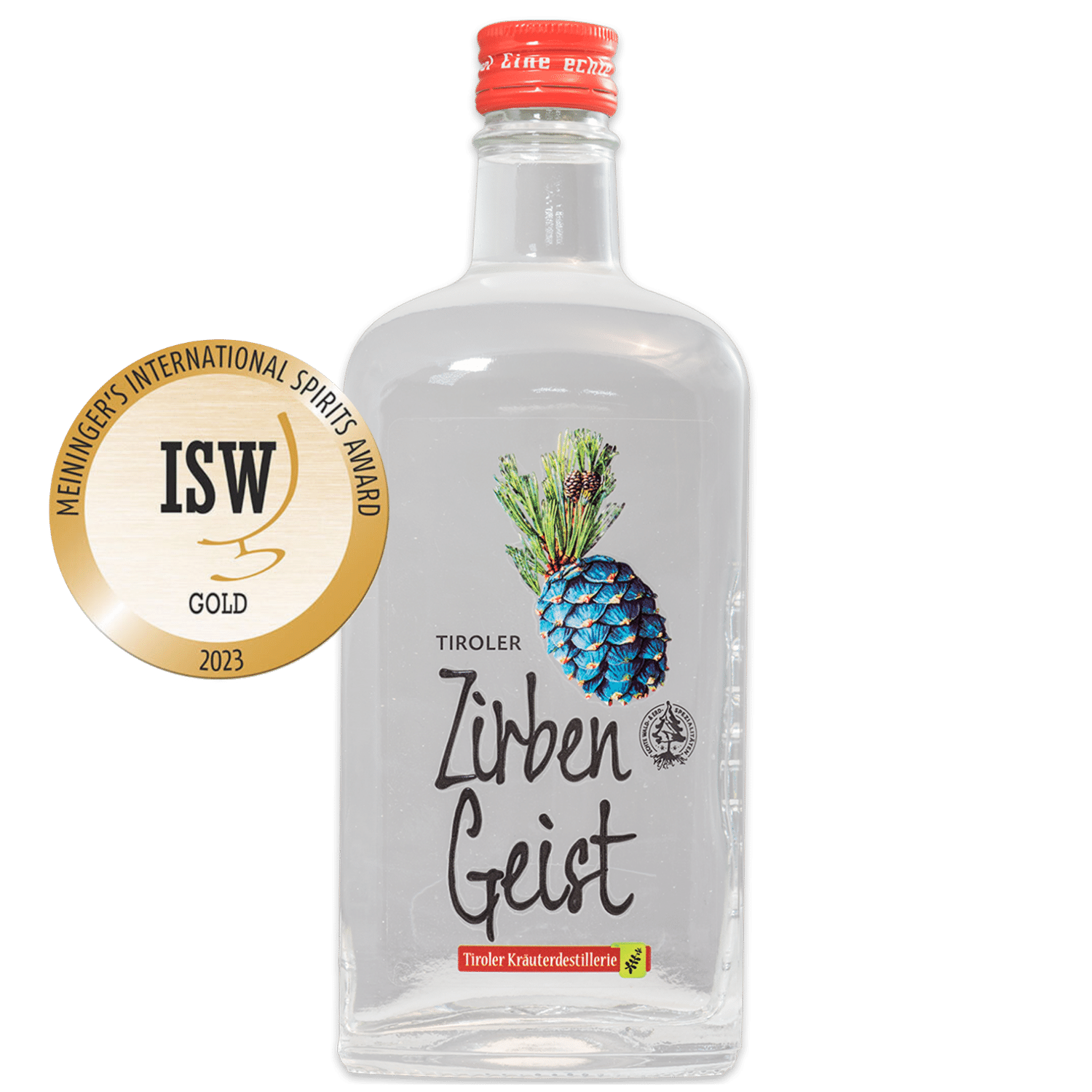 Gold awarded Swiss Stone Pine Spirit from the Tiroler Kräuterdestillerie in a noble bottle