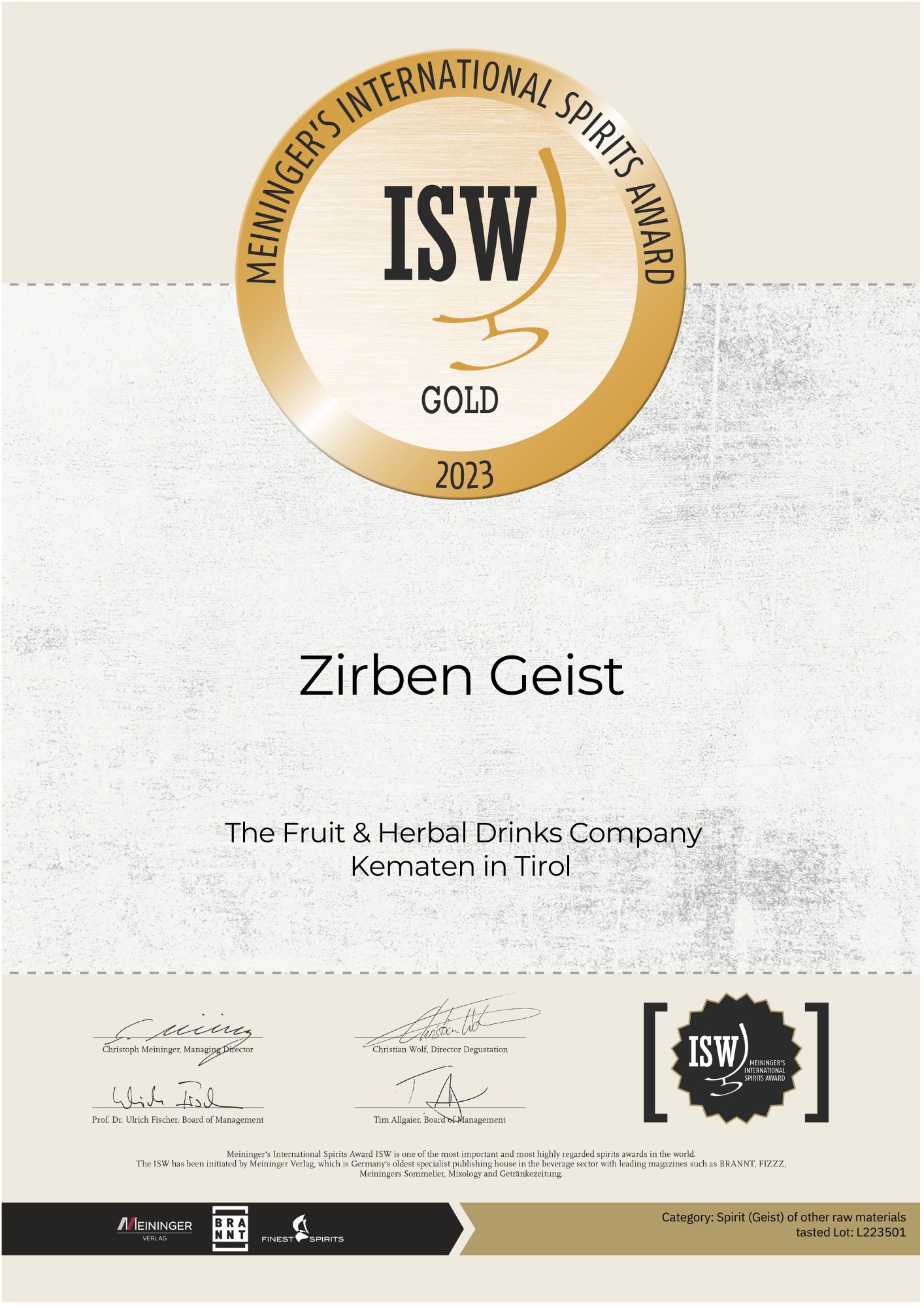 Certificate of award-winning Swiss Stone Pine Spirit from the Tiroler Kräuterdestillerie