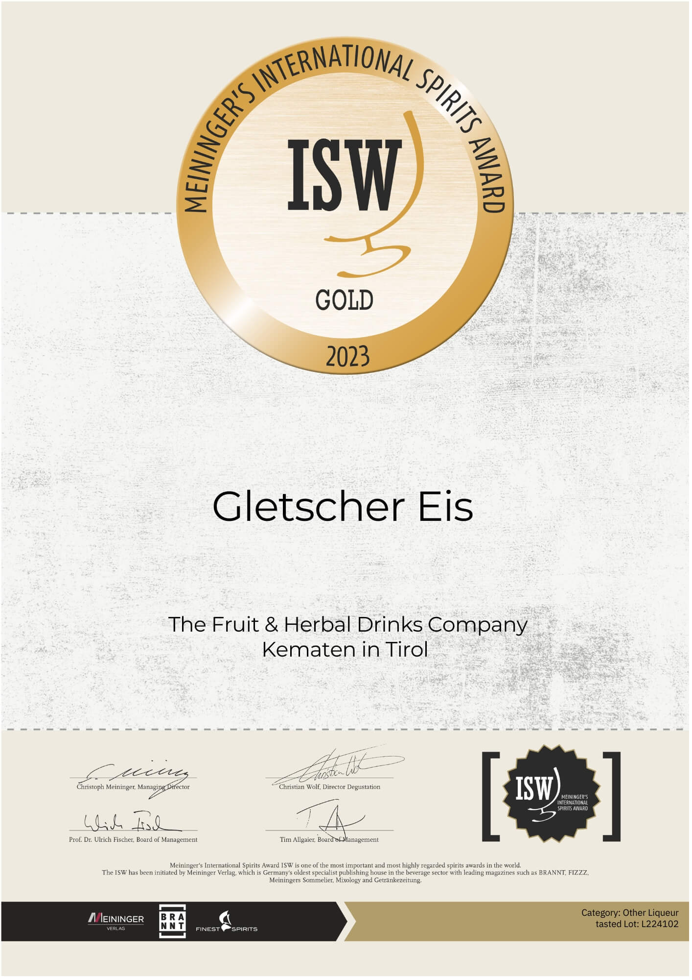 Certificate of award-winning GletscherEis Fire Liqueur of the Baumann Distillery