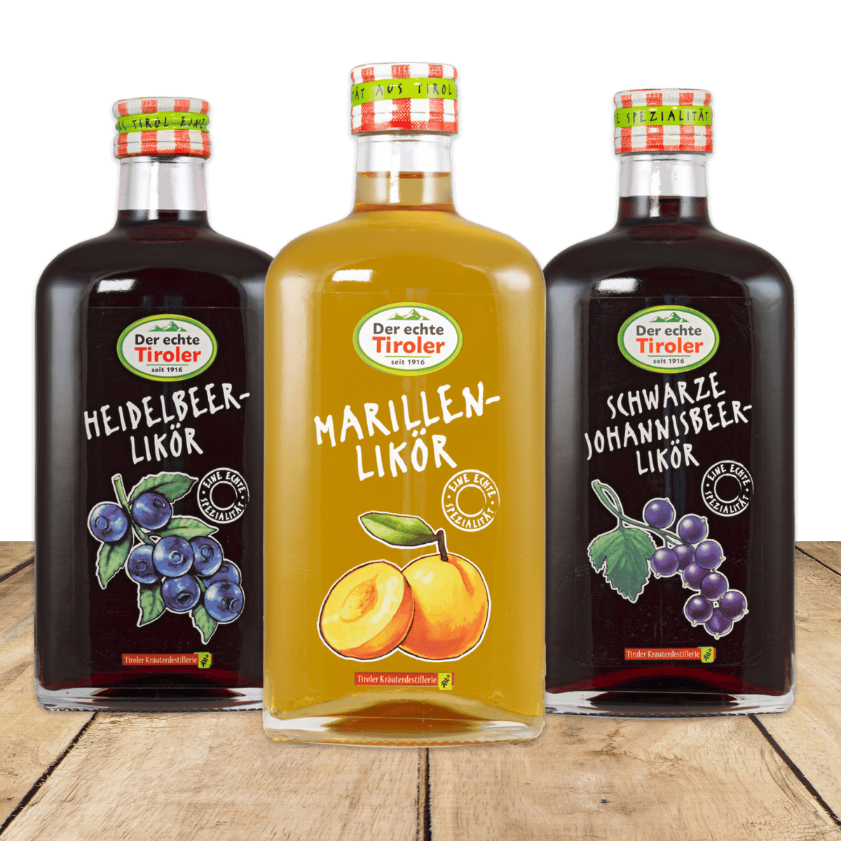 Tiroler Fruchtlikoer Set mit drei Likören 