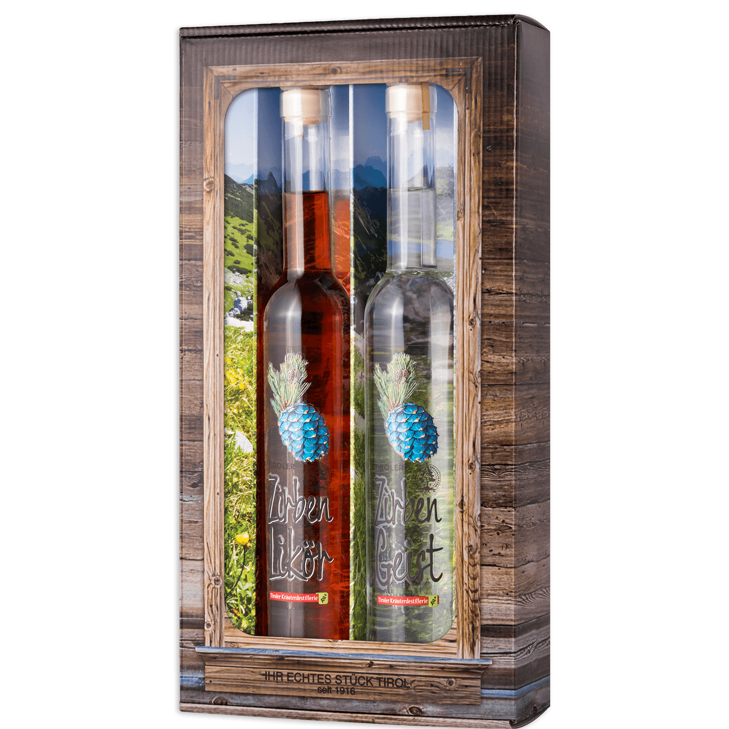 High-quality gift box with Swiss Stone Pine Spirits from the Tiroler Kräuterdestillerie