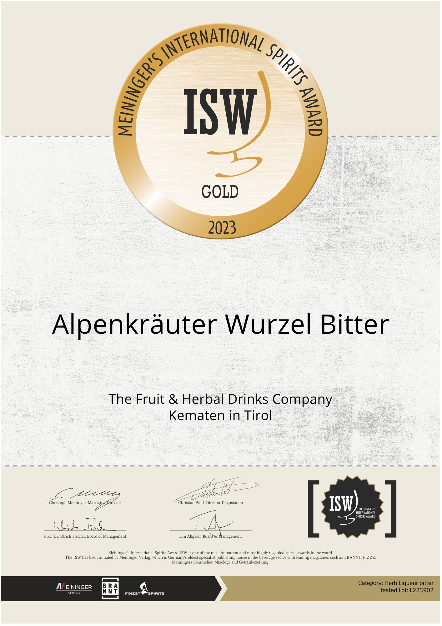 Certificate of Gold award-winning Herbal Bitter of the  Tiroler Kräuterdestillerie 